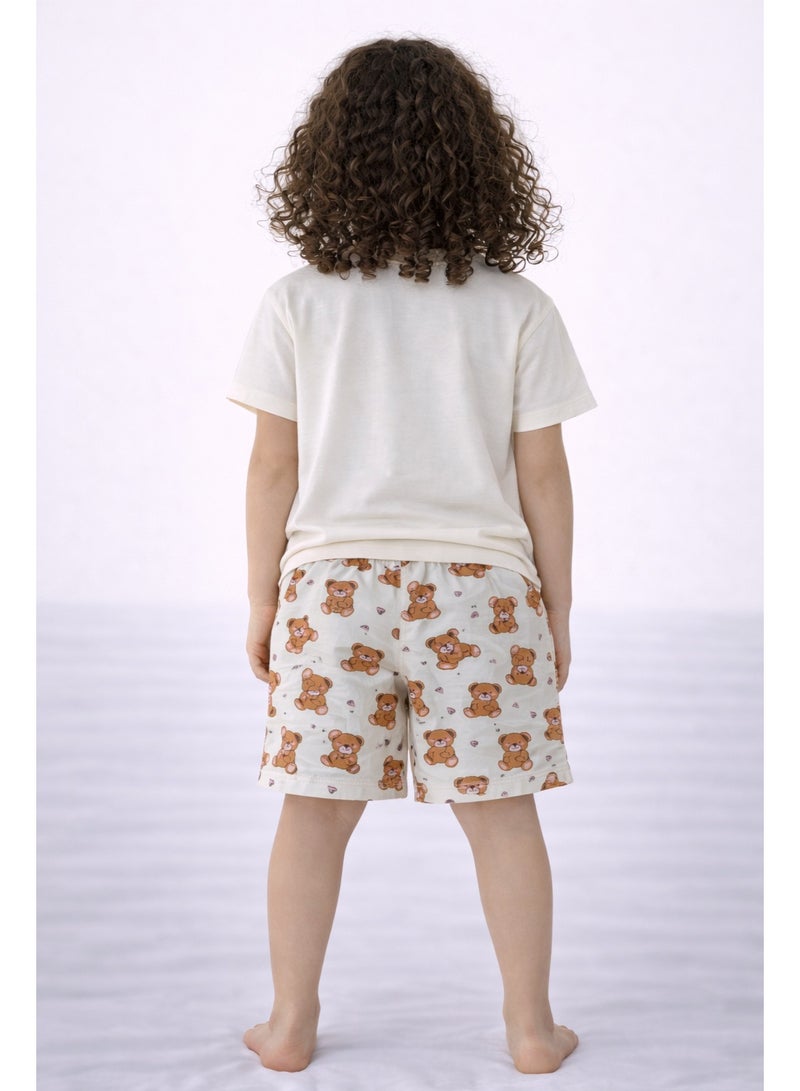 victor and jane Girls’ Pajama Set – Teddy Faces Graphic T-Shirt & All-Over Print Shorts - Image 4